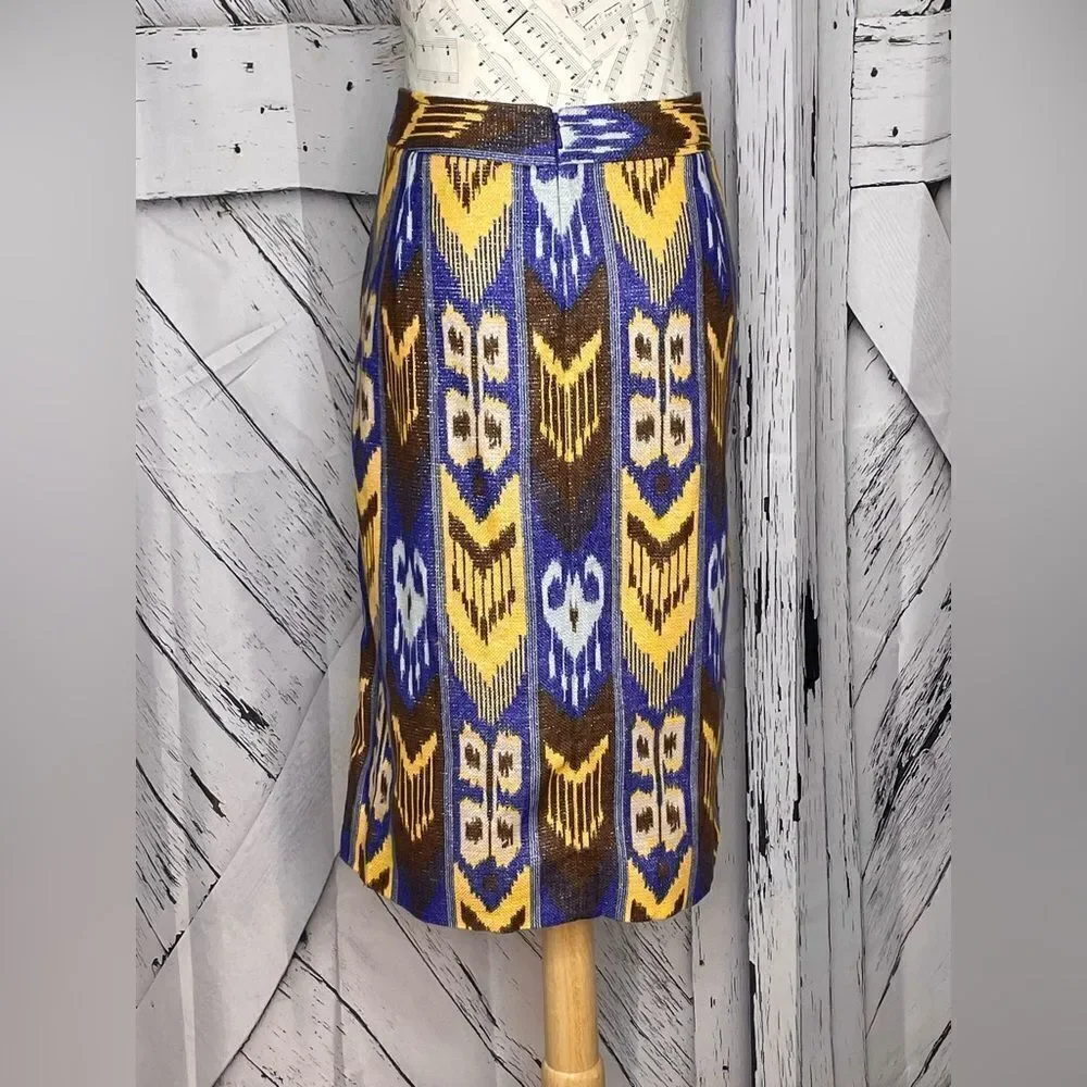 Tory Burch Blue Yellow Jemima Ikat Metallic Linen Pencil Skirt Size 12